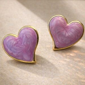 Pink Marbled Heart Statement Earrings – Gold Plated Stainless Steel Studs
